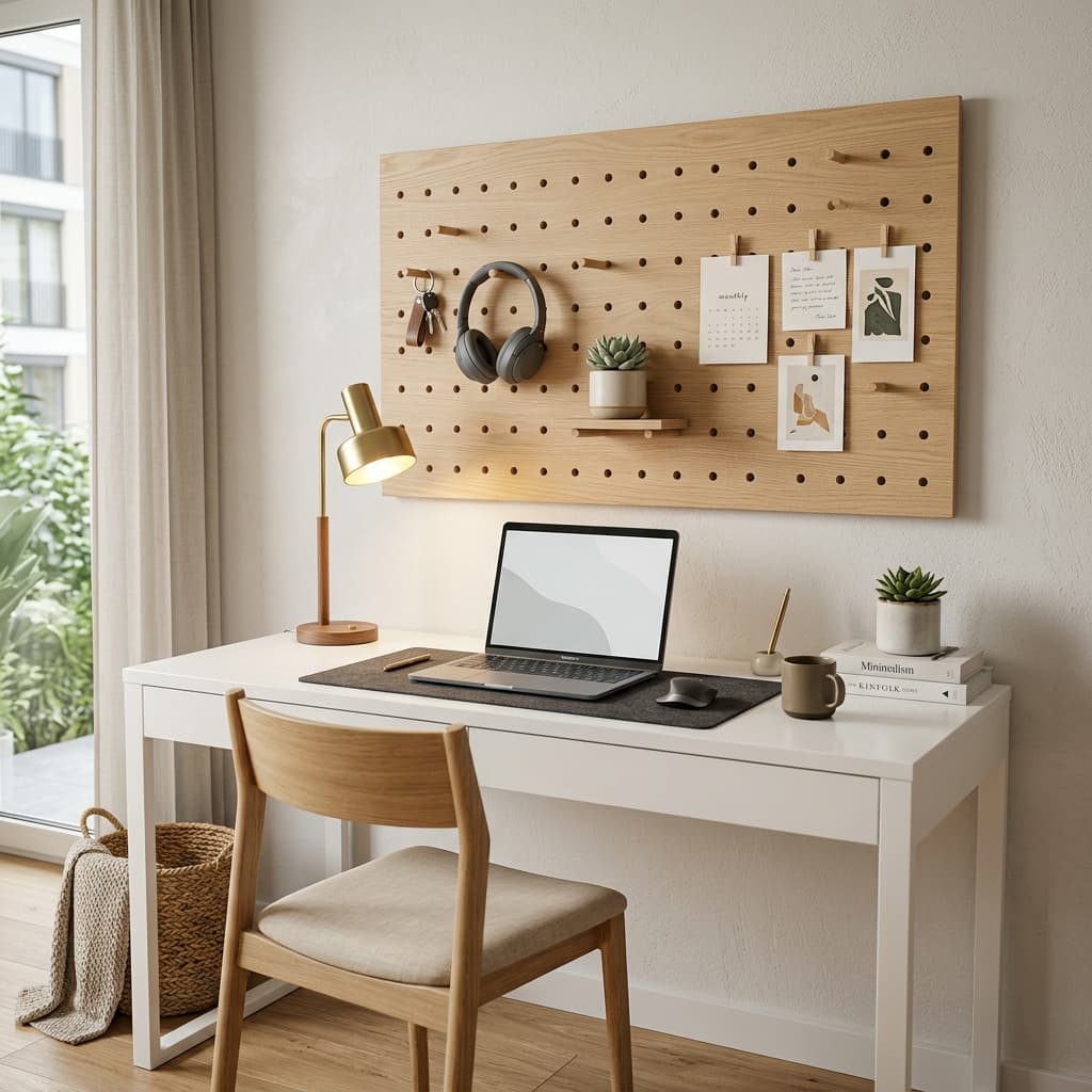 Wall-mounted wooden pegboard organizing a minimalist home workspace