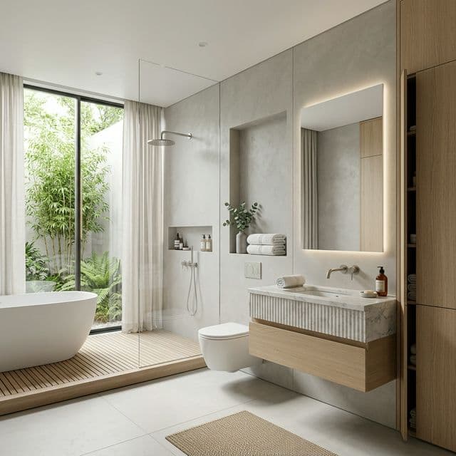 Closed bathroom storage keeps the room visually cleaner without increasing remodeling complexity