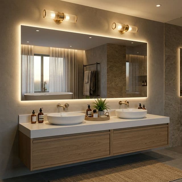 Layered bathroom lighting around the mirror creates a softer and more polished look