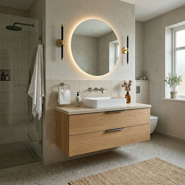 Warm wood vanity and softer neutral finishes make the bathroom feel calmer and more refined