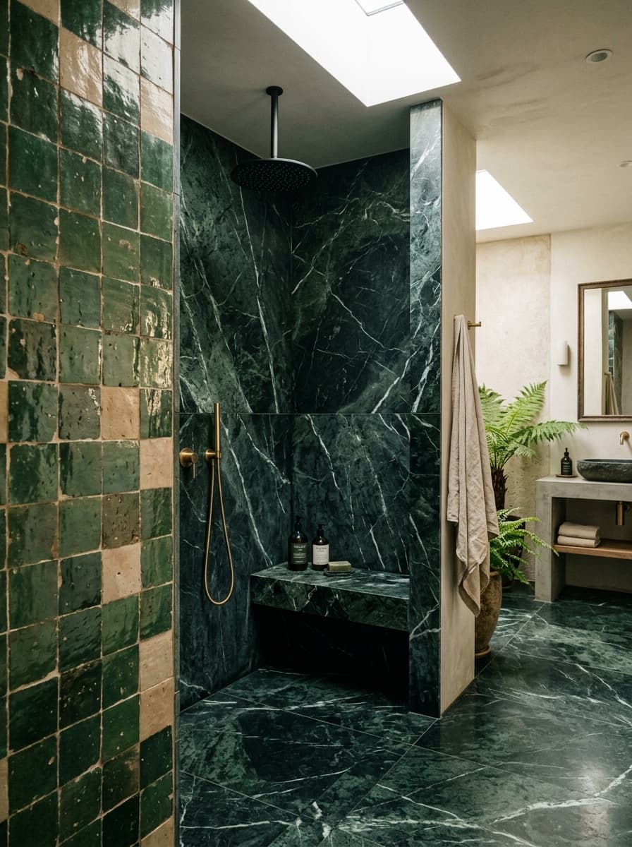 2027 wellness bathroom: curbless shower with dark green marble, zellige handmade tile, brass fixtures, fern