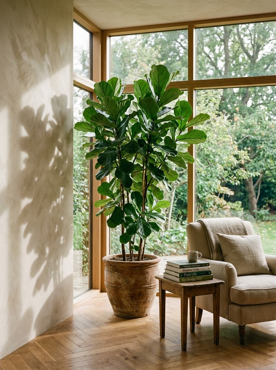 Biophilic living space 2027: large fiddle-leaf fig in a terracotta pot, leaf shadows on limewash wall, linen reading chair