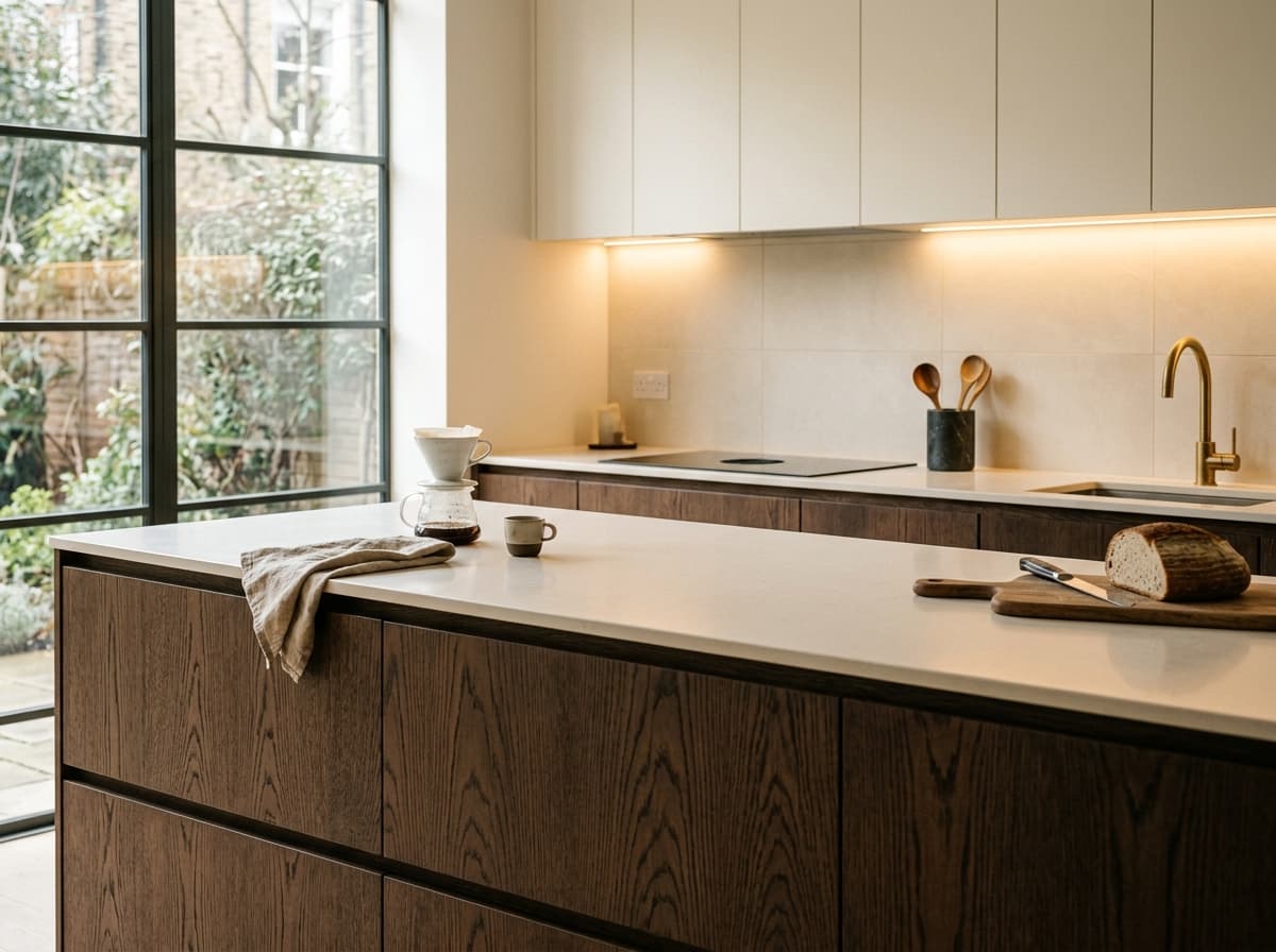 2027 "Cortado" kitchen: espresso lower cabinets with visible wood grain, cream upper cabinetry, seamless stone countertop