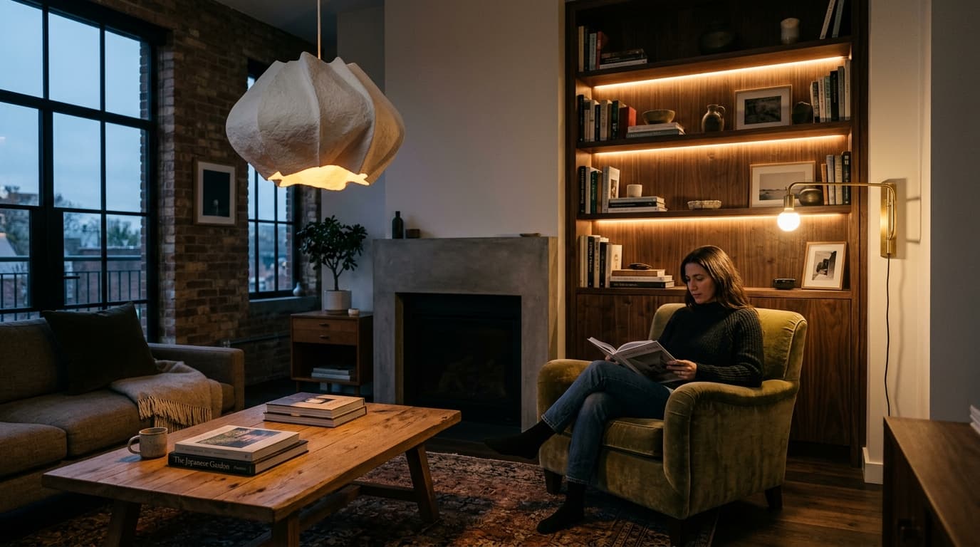 Layered lighting 2027: sculptural plaster pendant, brass wall sconce, LED shelf lighting in walnut bookcase