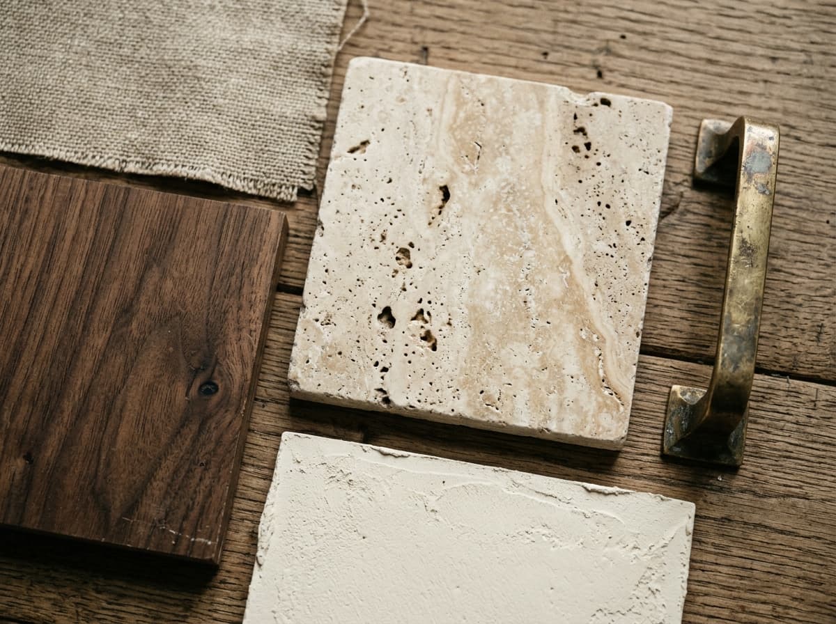 2027 material palette: travertine with natural pores, walnut wood, linen textile, unlacquered brass, limewash plaster