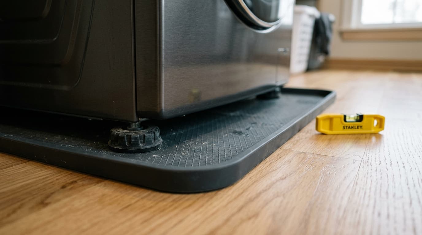 Washing machine leveling foot positioned inside the heavy-duty silicone drain mat on hardwood flooring
